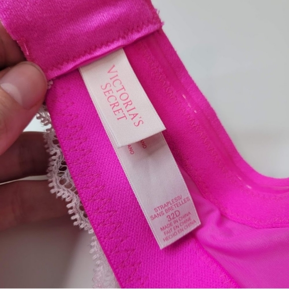Victoria's Secret Push-Up Strapless Hot Pink Jewel Lace Underwire Ivory 32D Bra - Picture 12 of 12